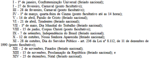 Feriados Nacionais publicados no Diário Oficial da União